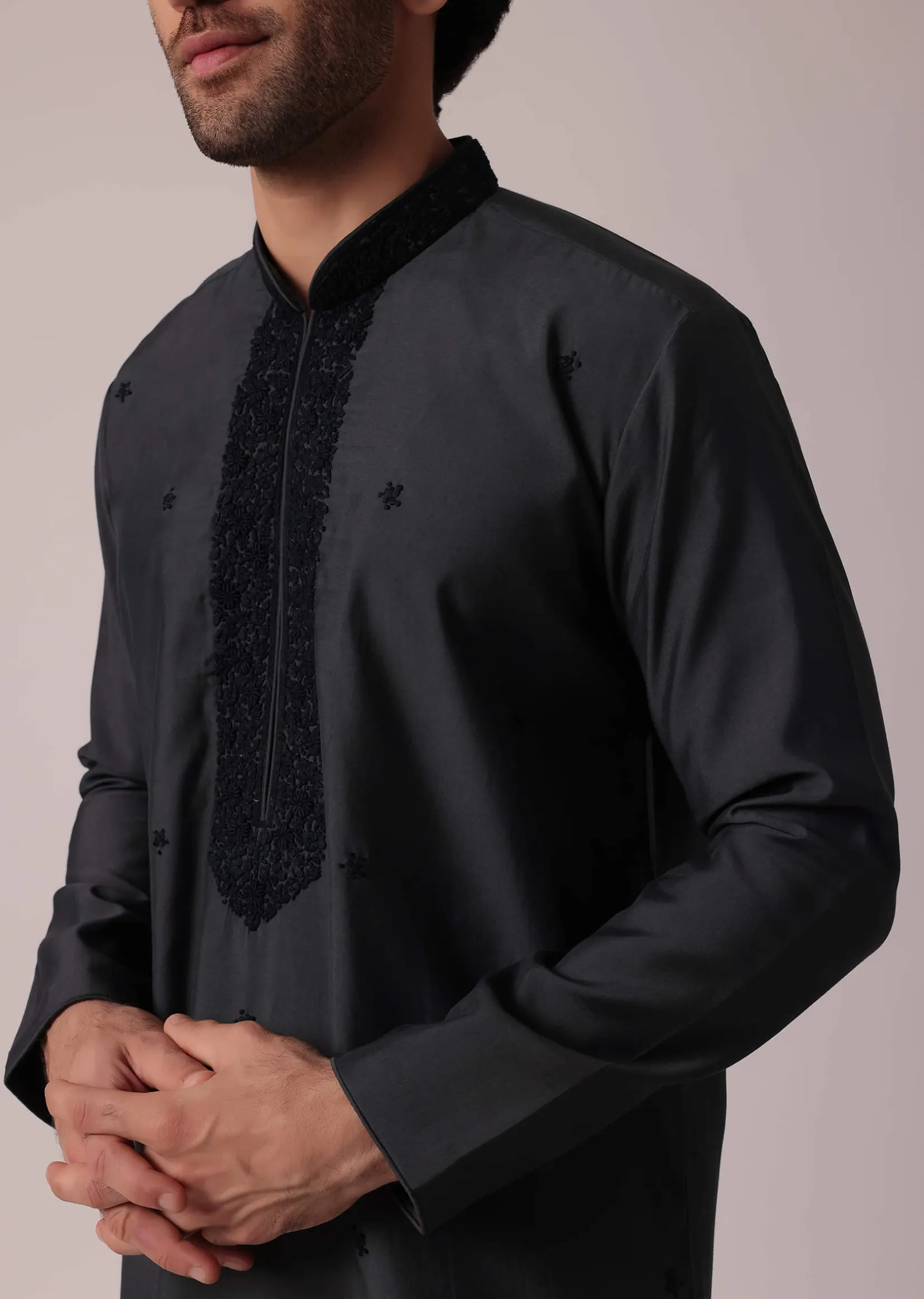 Grey Festive Silk Kurta Set With Intricate Handwork