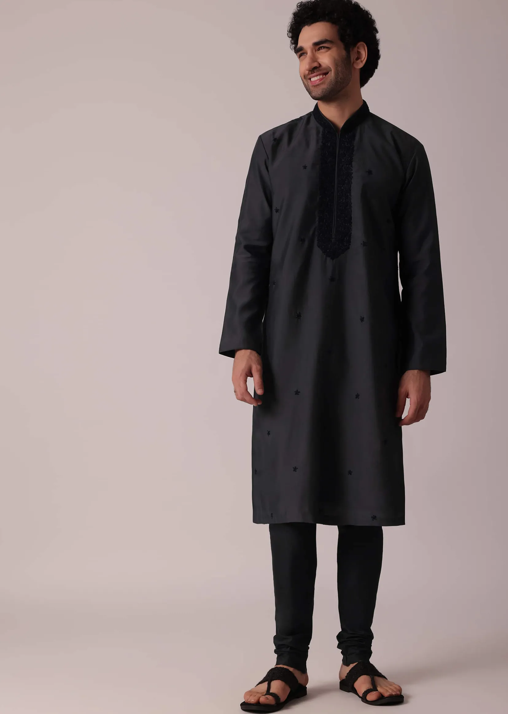 Grey Festive Silk Kurta Set With Intricate Handwork