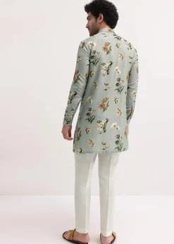 Grey Floral Printed Silk Short Kurta Set For Men