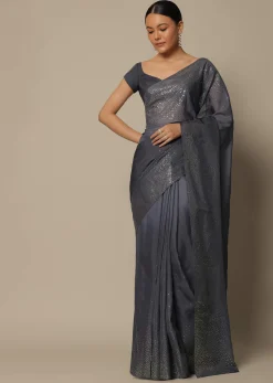 Grey Georgette Saree With Badla Work And Unstitched Blouse Piece