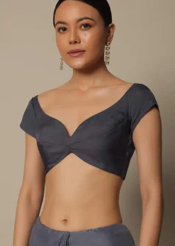 Grey Georgette Saree With Badla Work And Unstitched Blouse Piece