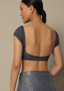 Grey Georgette Saree With Badla Work And Unstitched Blouse Piece