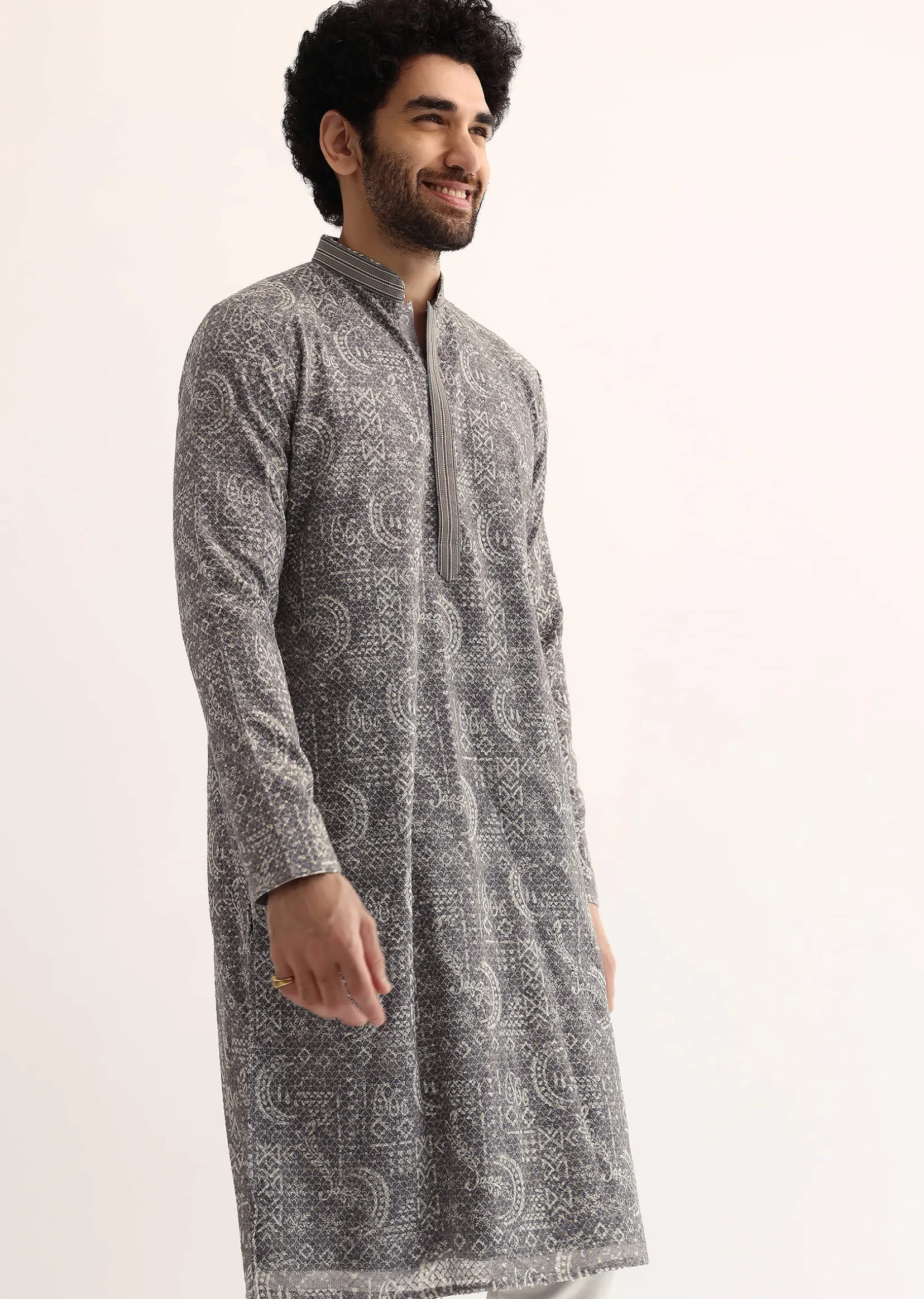 Grey Georgette Sequin Embroidered Kurta Set For Men