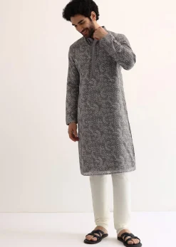 Grey Georgette Sequin Embroidered Kurta Set For Men