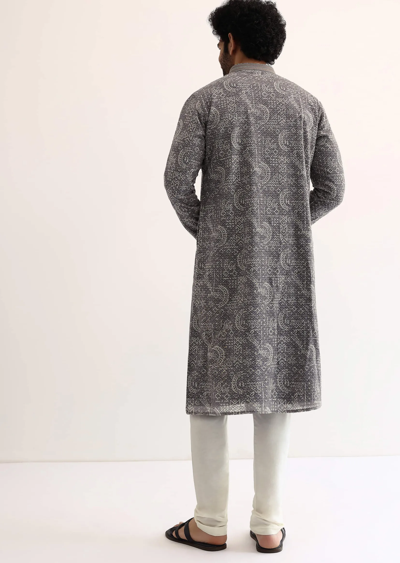 Grey Georgette Sequin Embroidered Kurta Set For Men