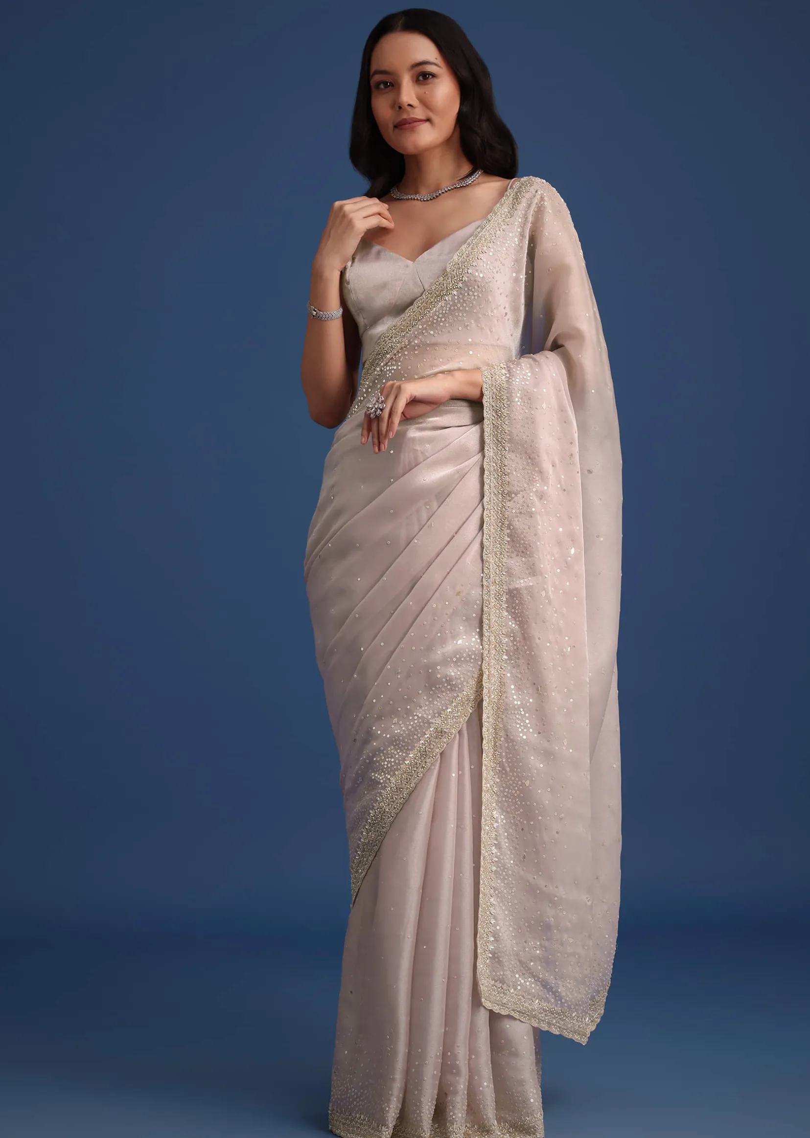 Grey Glass Tissue Silk Cutdana Work Saree With Embellished Scallop Border