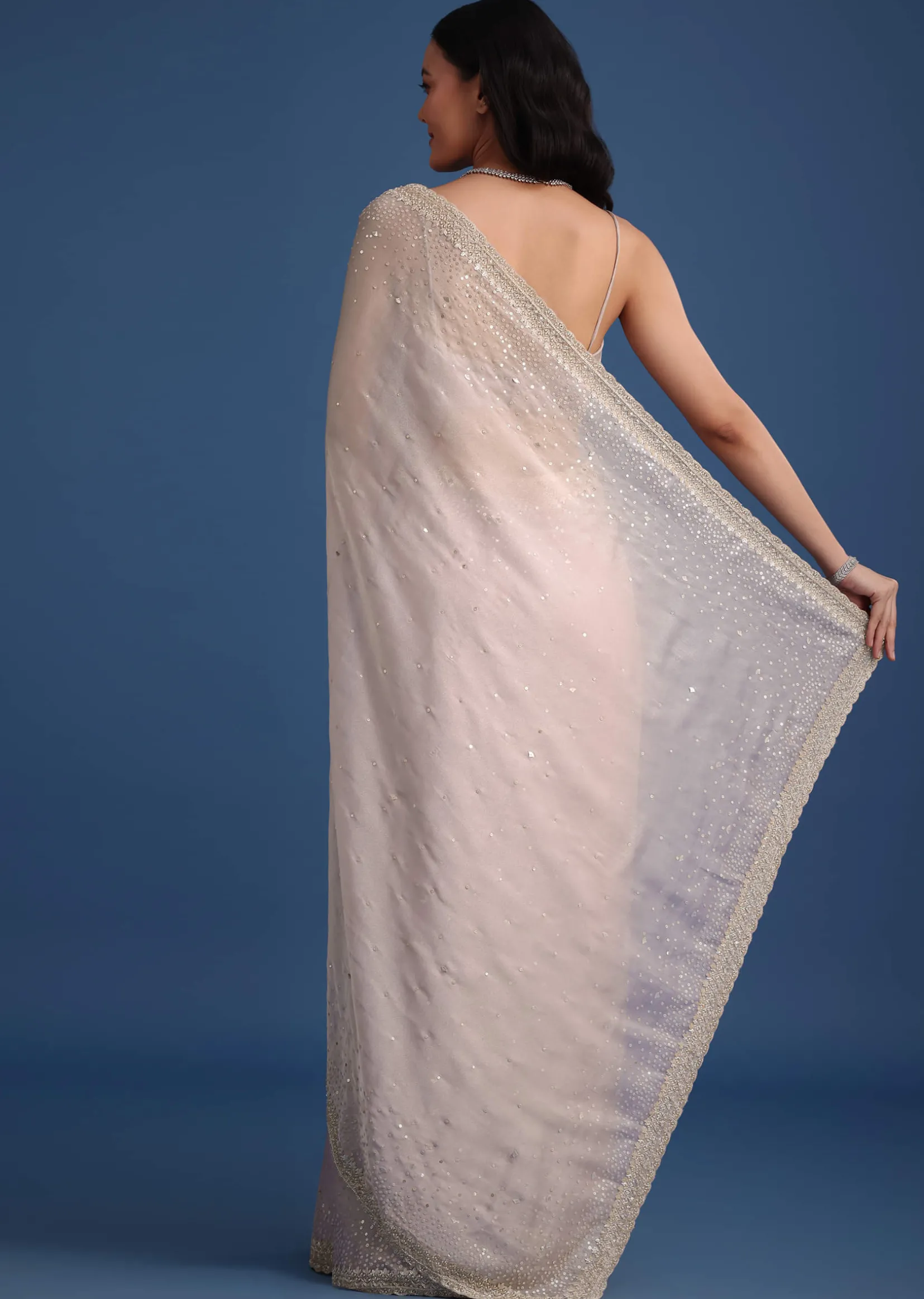 Grey Glass Tissue Silk Cutdana Work Saree With Embellished Scallop Border