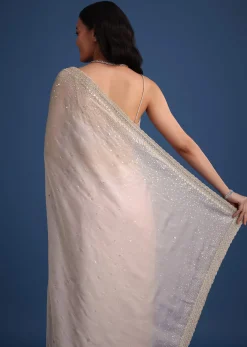 Grey Glass Tissue Silk Cutdana Work Saree With Embellished Scallop Border
