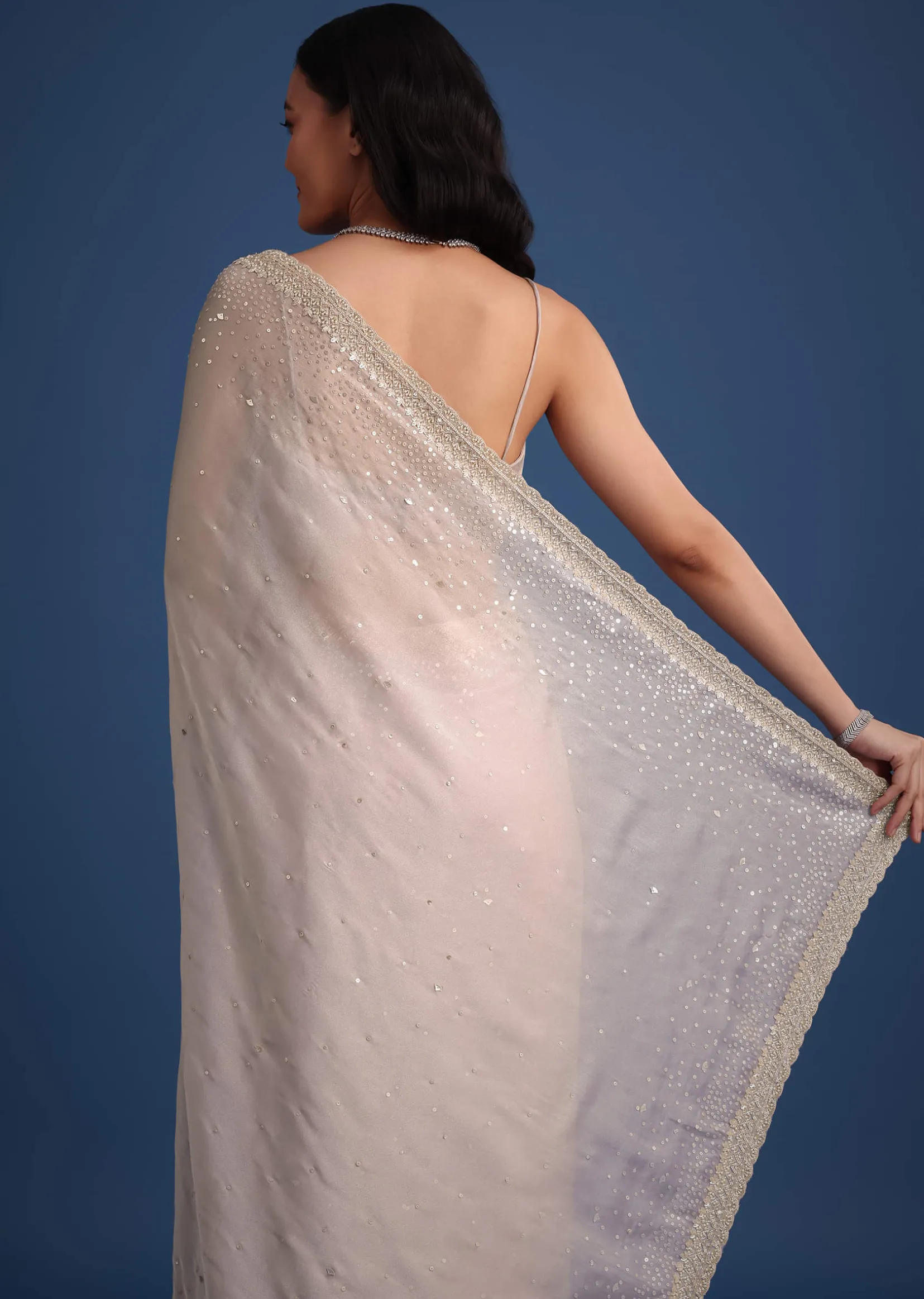 Grey Glass Tissue Silk Cutdana Work Saree With Embellished Scallop Border