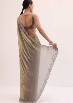 Grey Gold Satin Saree In Sequins With Unstitched Blouse