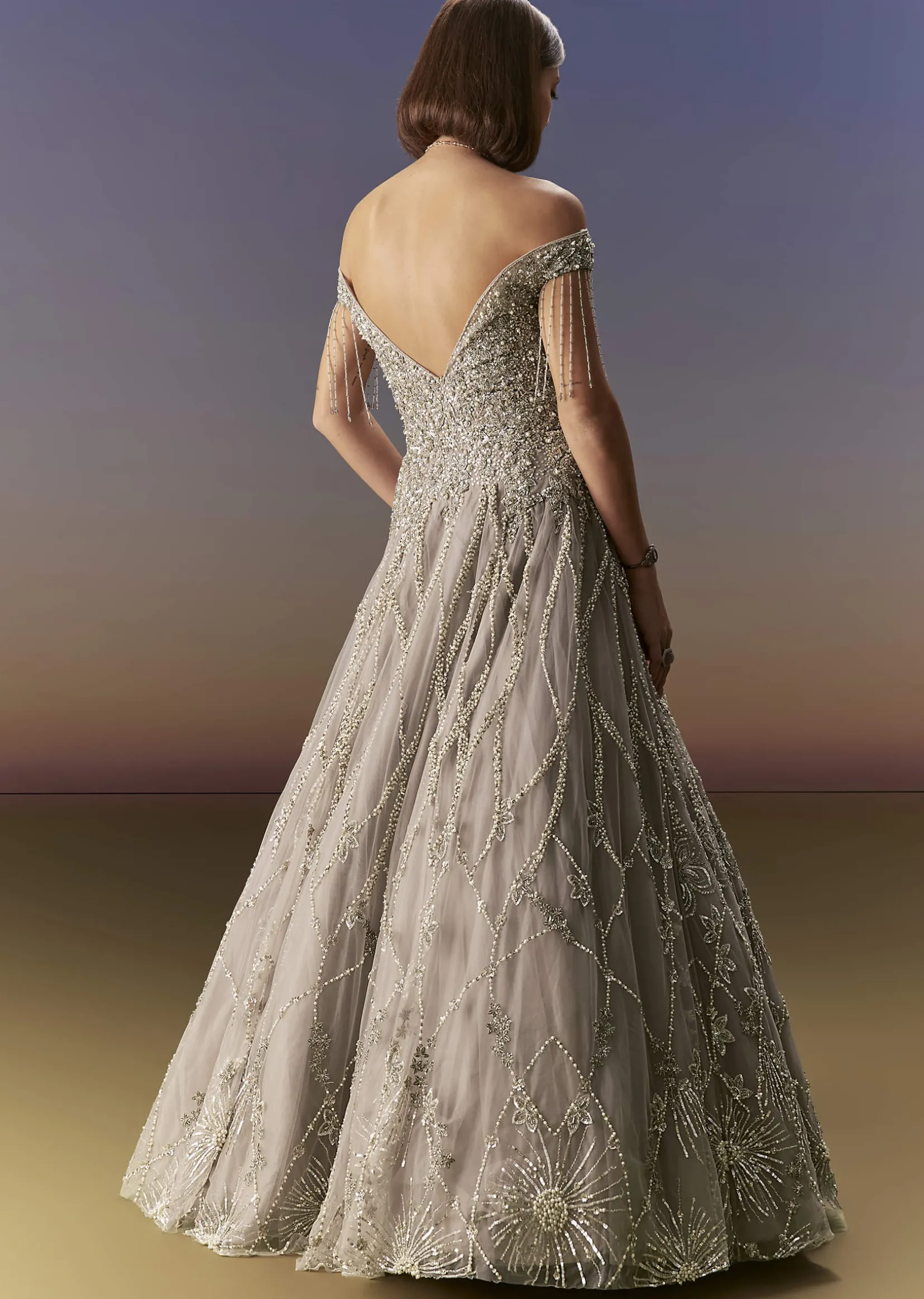 Grey Gown Off Shoulder With Silver Embroidery