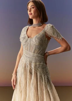 Grey Gown With Draped Cap Sleeves And Flowing Embroidered Flare