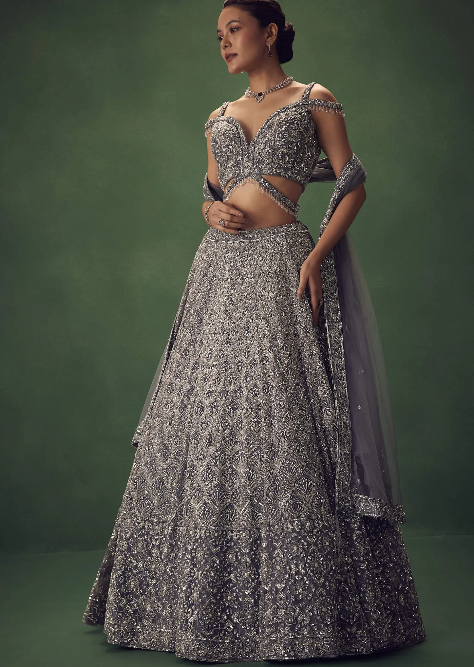 Grey Hand Embroidered Sequin Work Lehenga Set