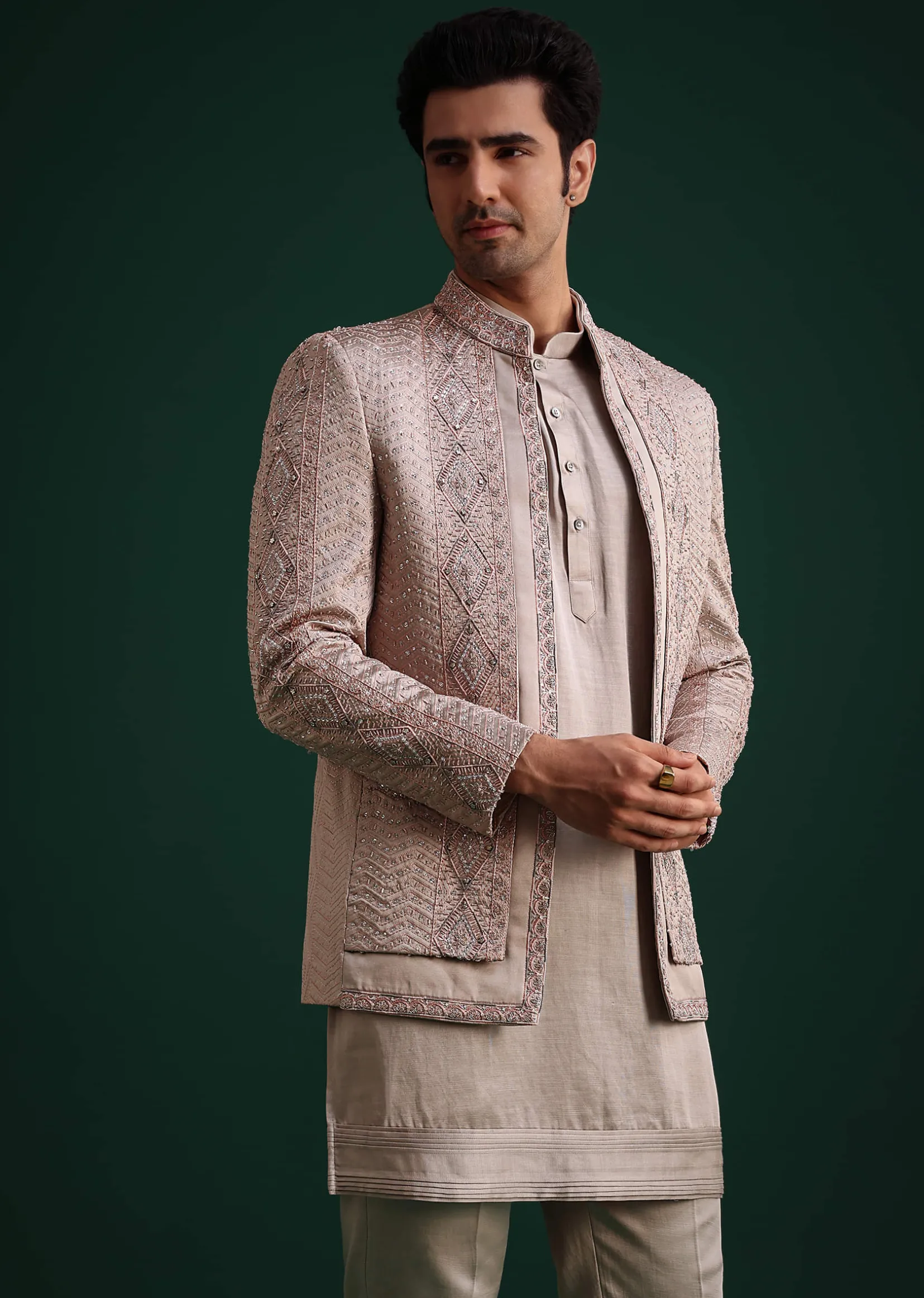Grey Hand Work Jacket Kurta Set