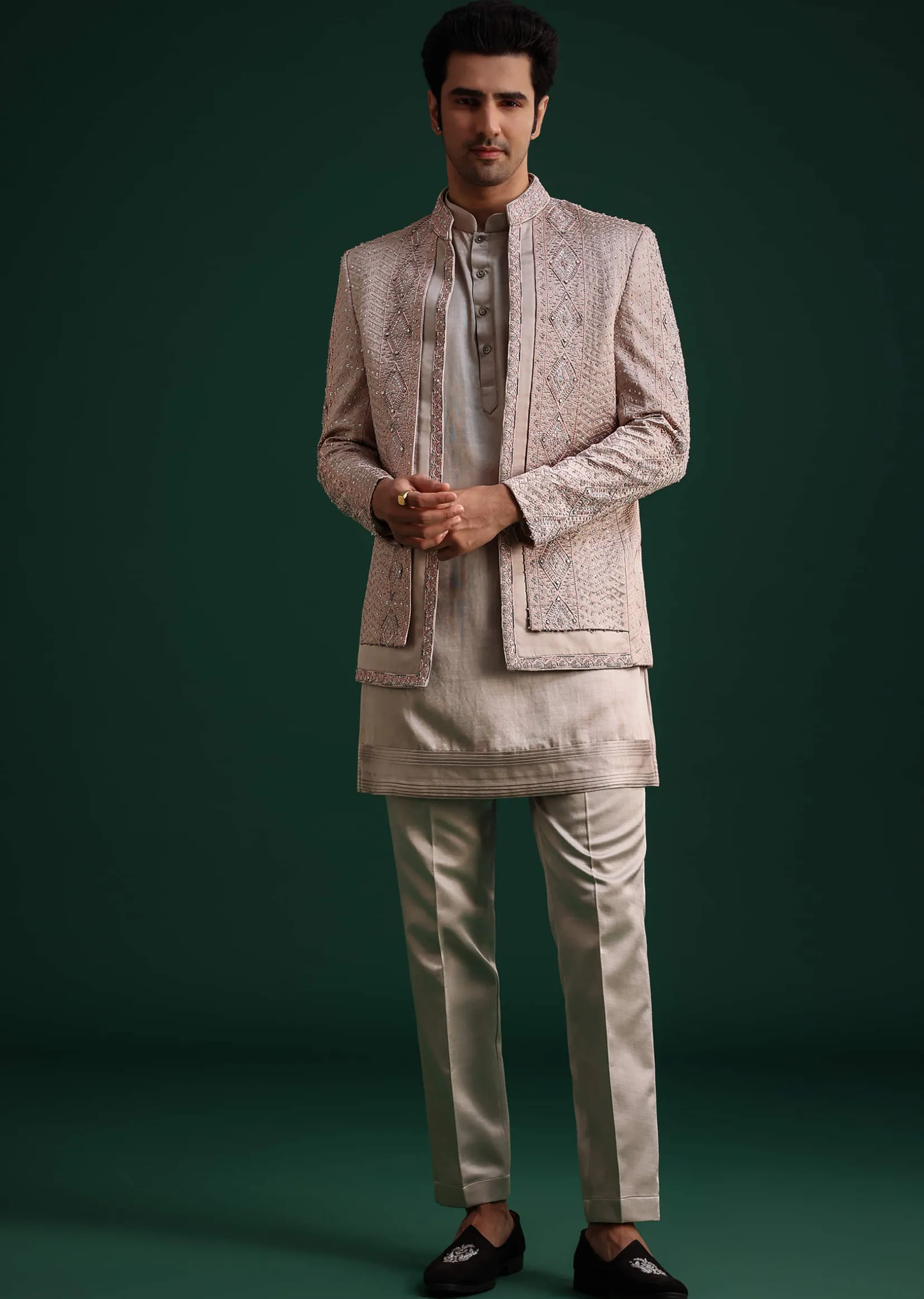 Grey Hand Work Jacket Kurta Set