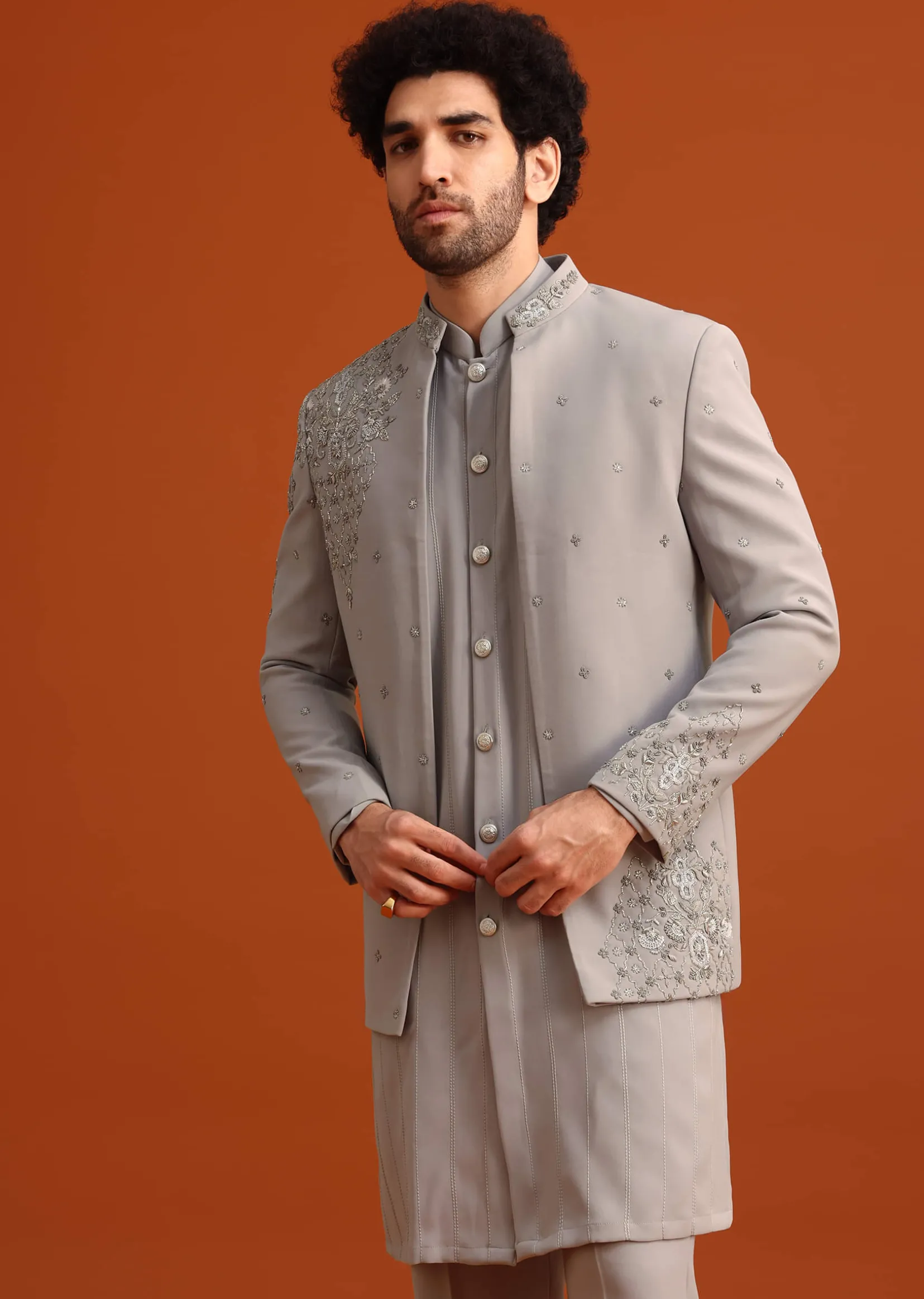 Grey Indo Western Jacket And Kurta Set