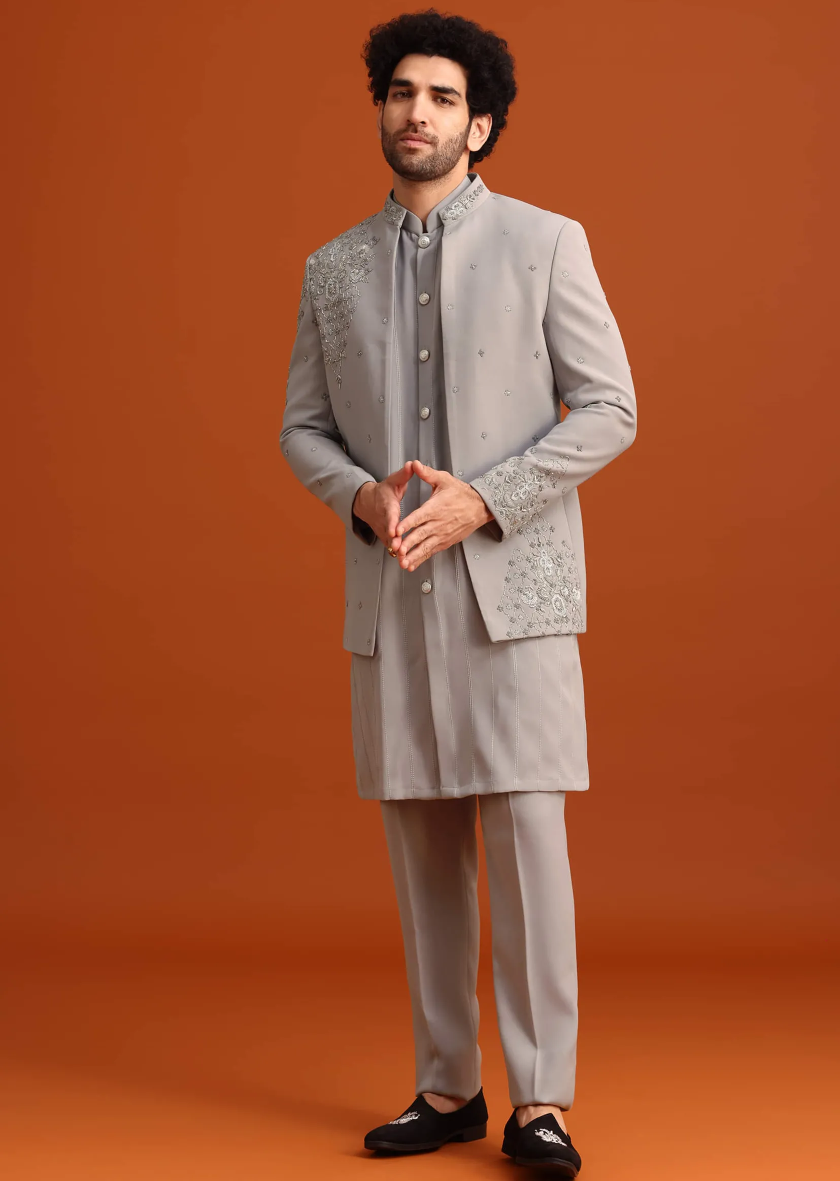Grey Indo Western Jacket And Kurta Set