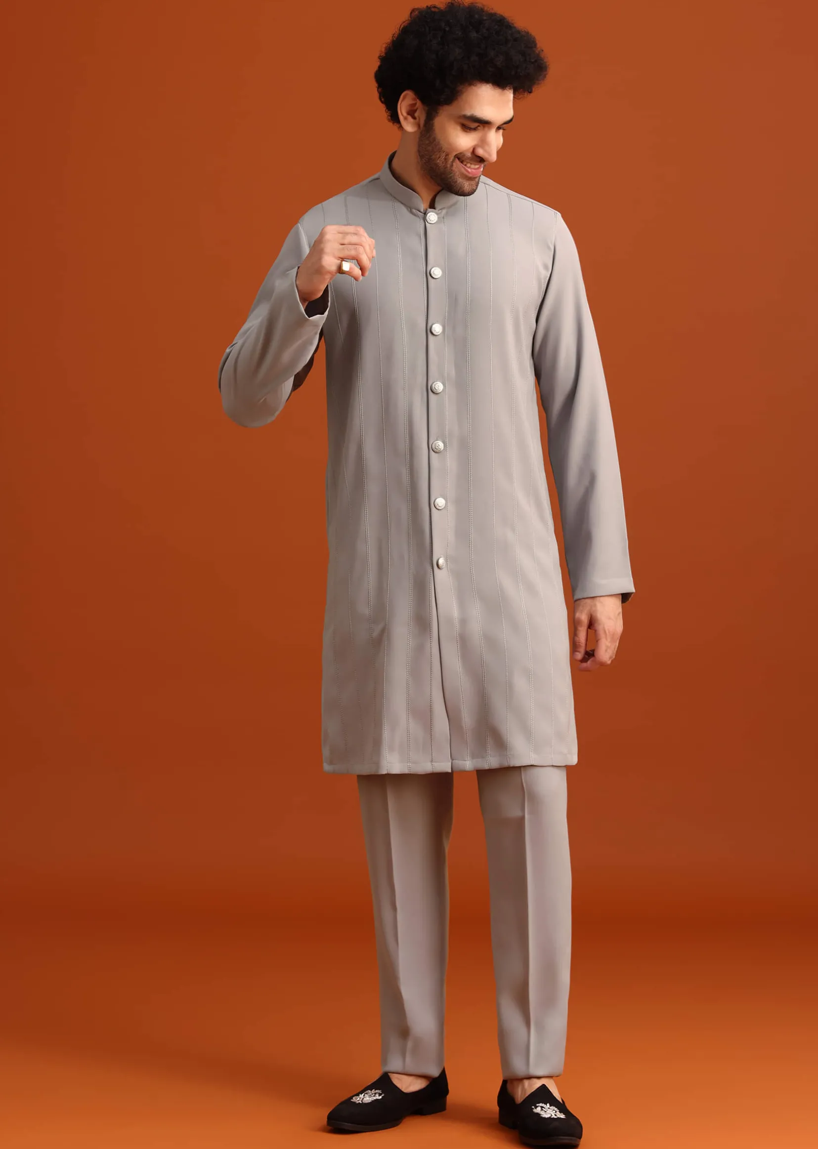 Grey Indo Western Jacket And Kurta Set