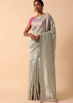 Grey Kora Silk Saree With Unstitched Blouse Fabric