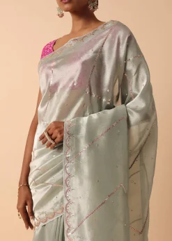 Grey Kora Silk Saree With Unstitched Blouse Fabric