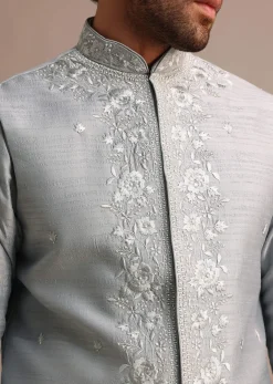 Grey Kurta Jacket Set With Thread Work And Mirror Embroidery For Men