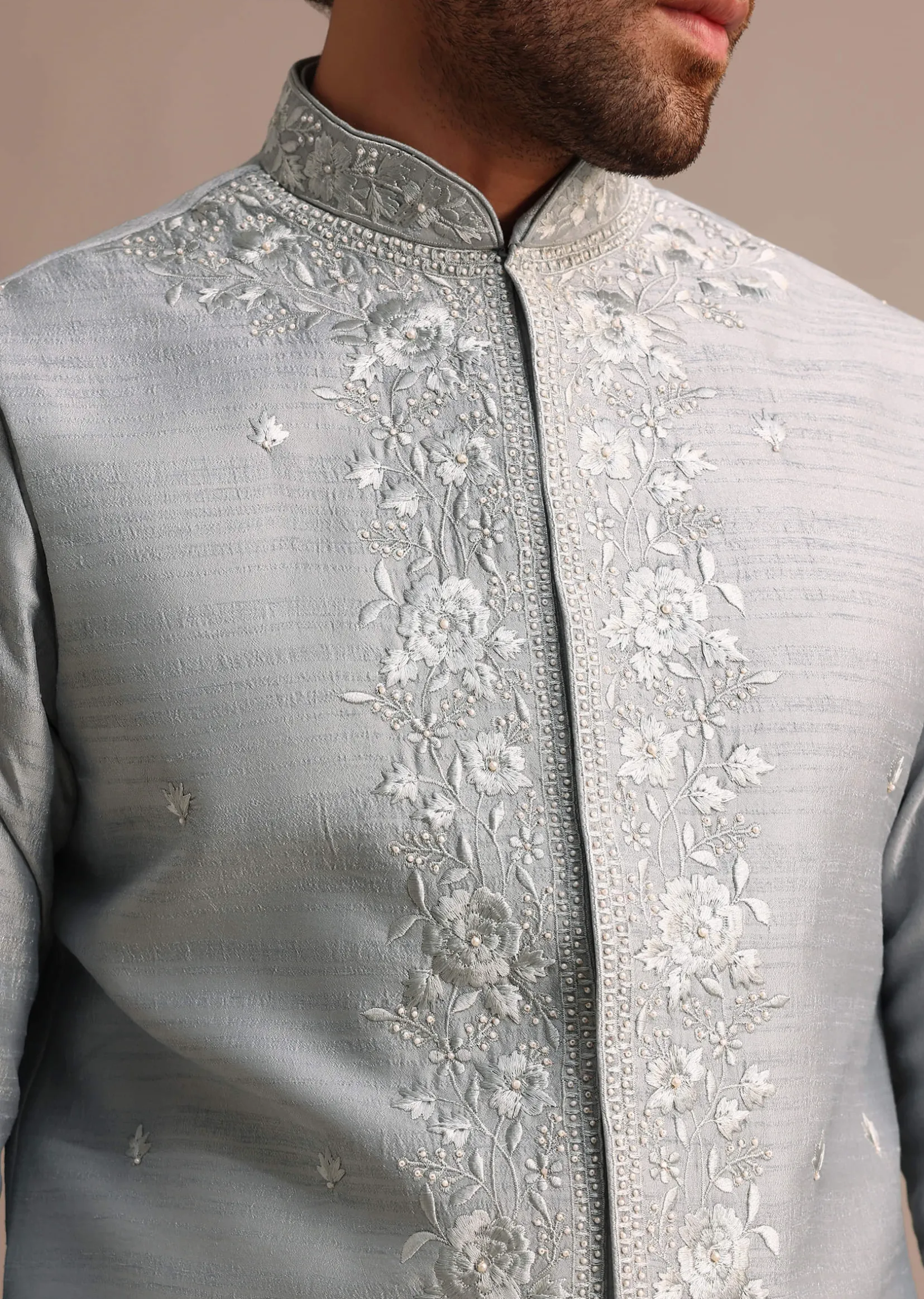 Grey Kurta Jacket Set With Thread Work And Mirror Embroidery For Men