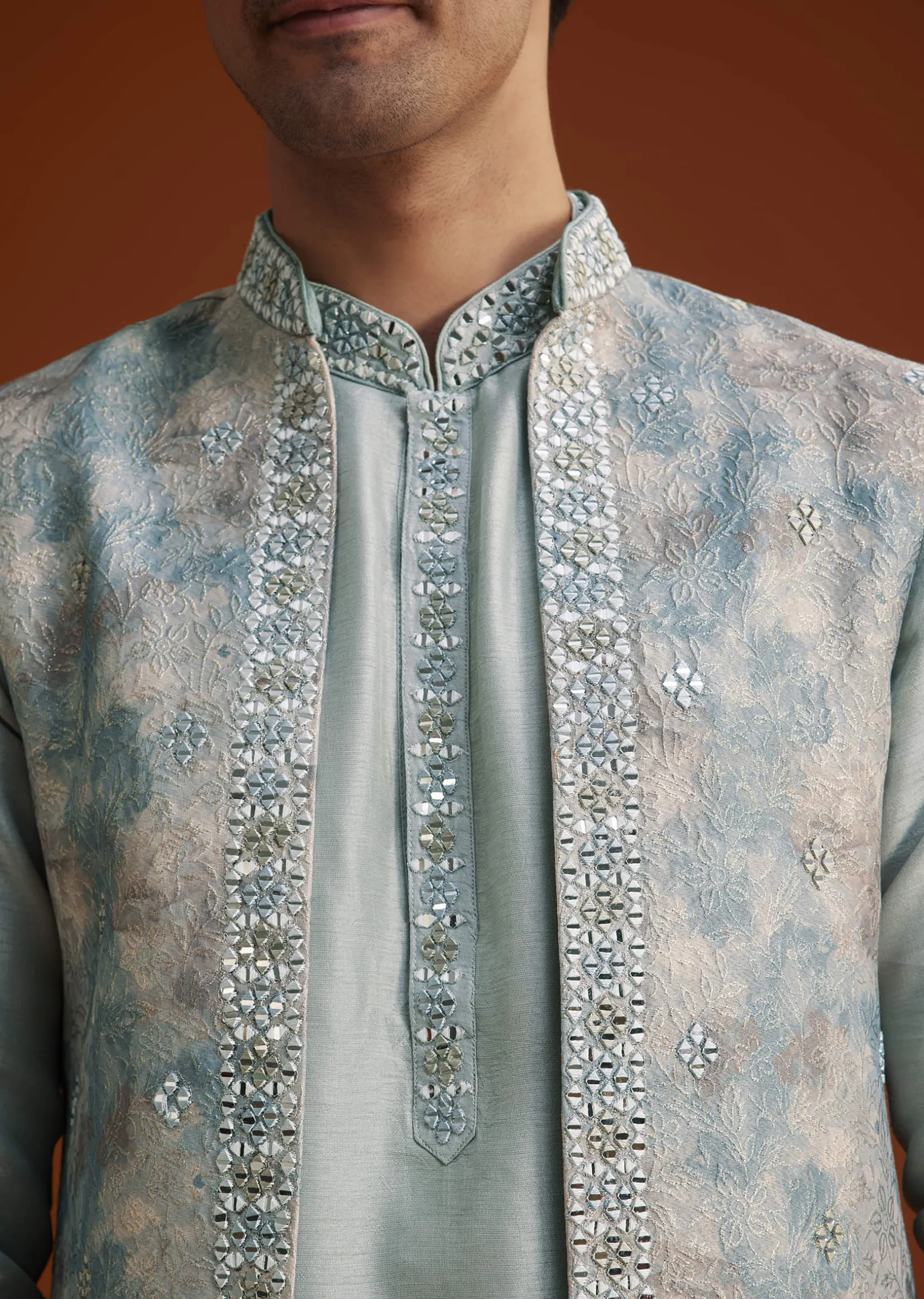 Grey Kurta Pant Set With Mirror Work Nehru Jacket