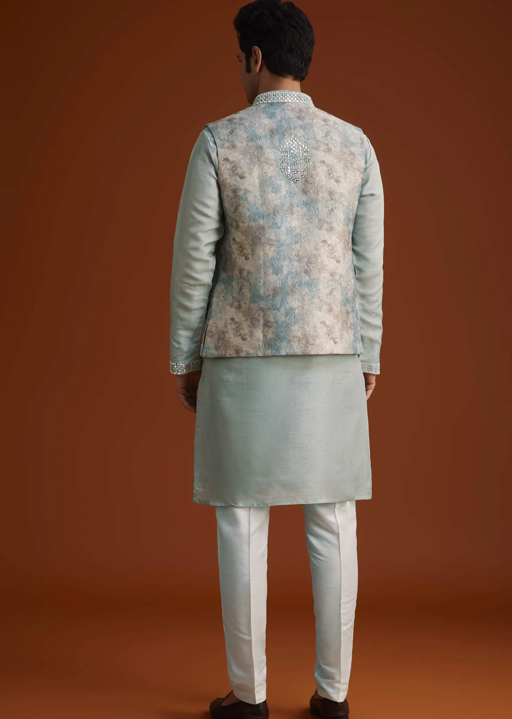 Grey Kurta Pant Set With Mirror Work Nehru Jacket