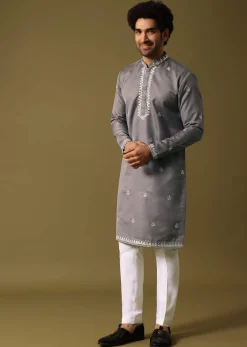 Grey Kurta Pant Set With Abla Work For Men