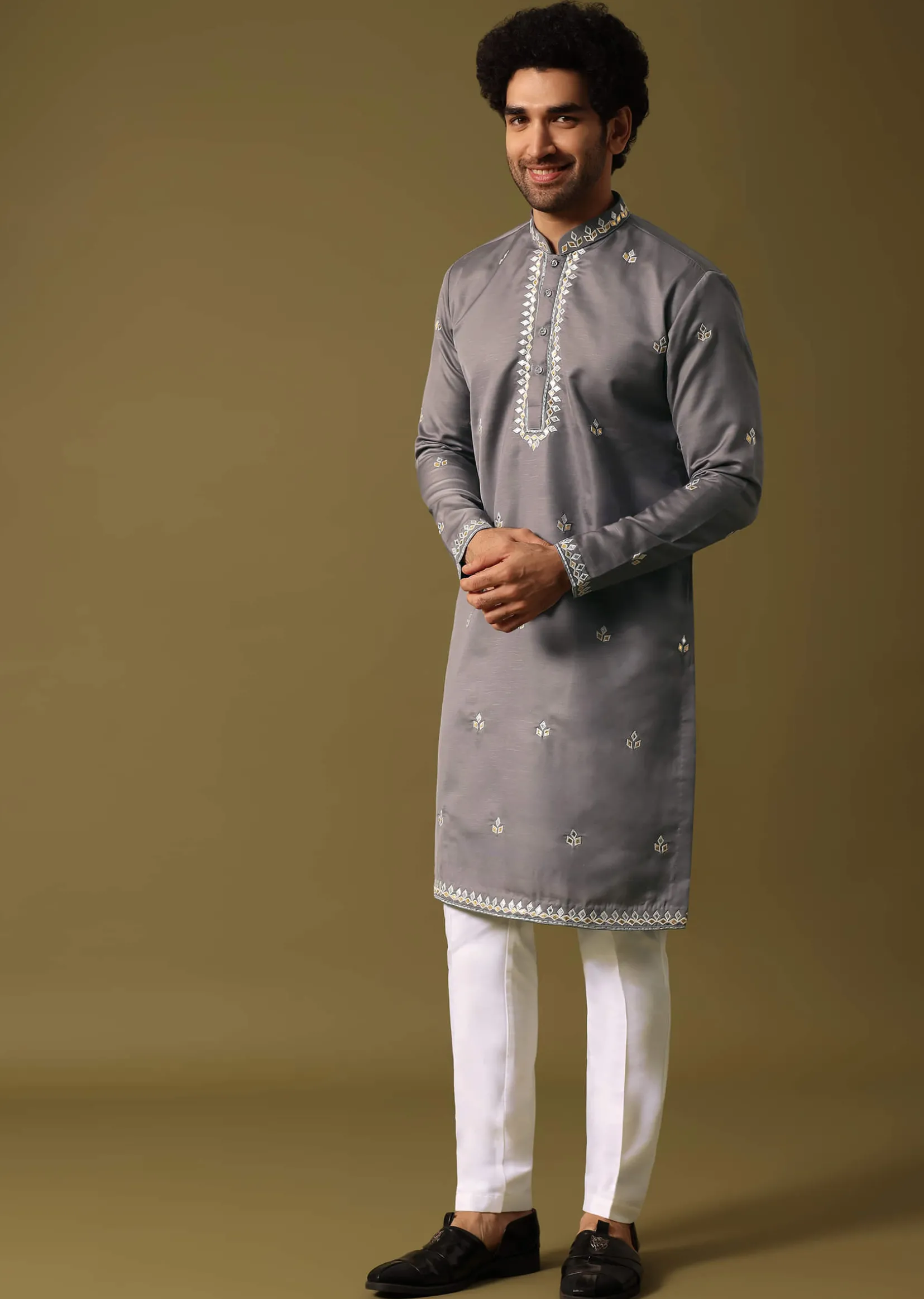Grey Kurta Pant Set With Abla Work For Men