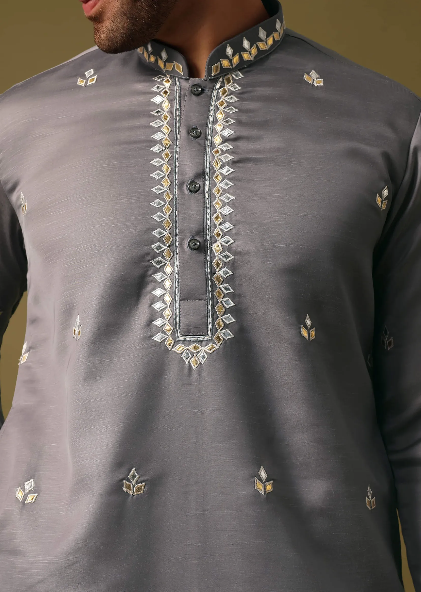 Grey Kurta Pant Set With Abla Work For Men