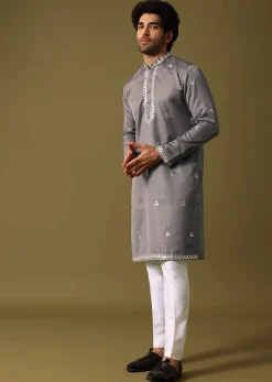 Grey Kurta Pant Set With Abla Work For Men