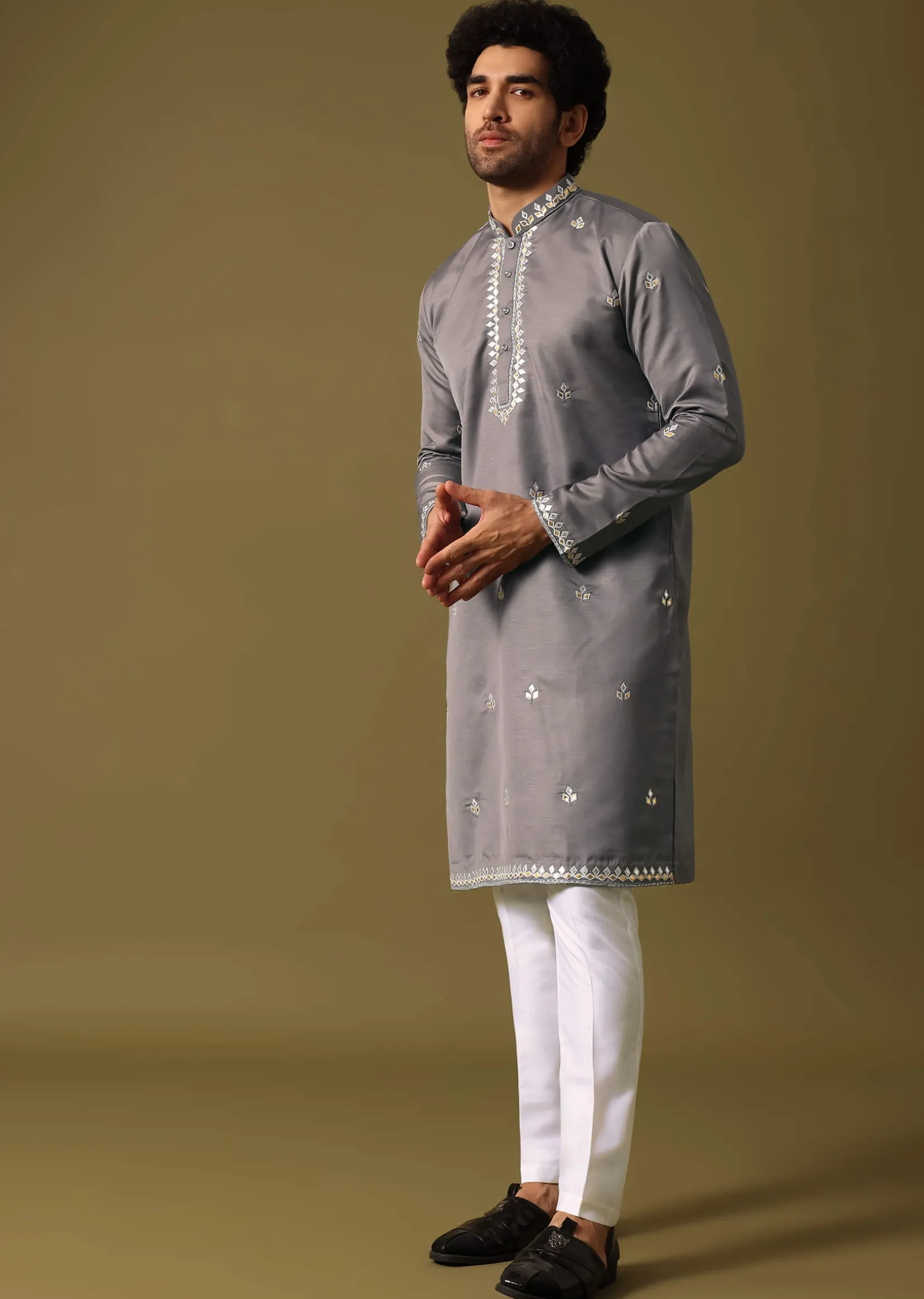 Grey Kurta Pant Set With Abla Work For Men