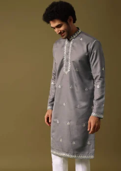 Grey Kurta Pant Set With Abla Work For Men