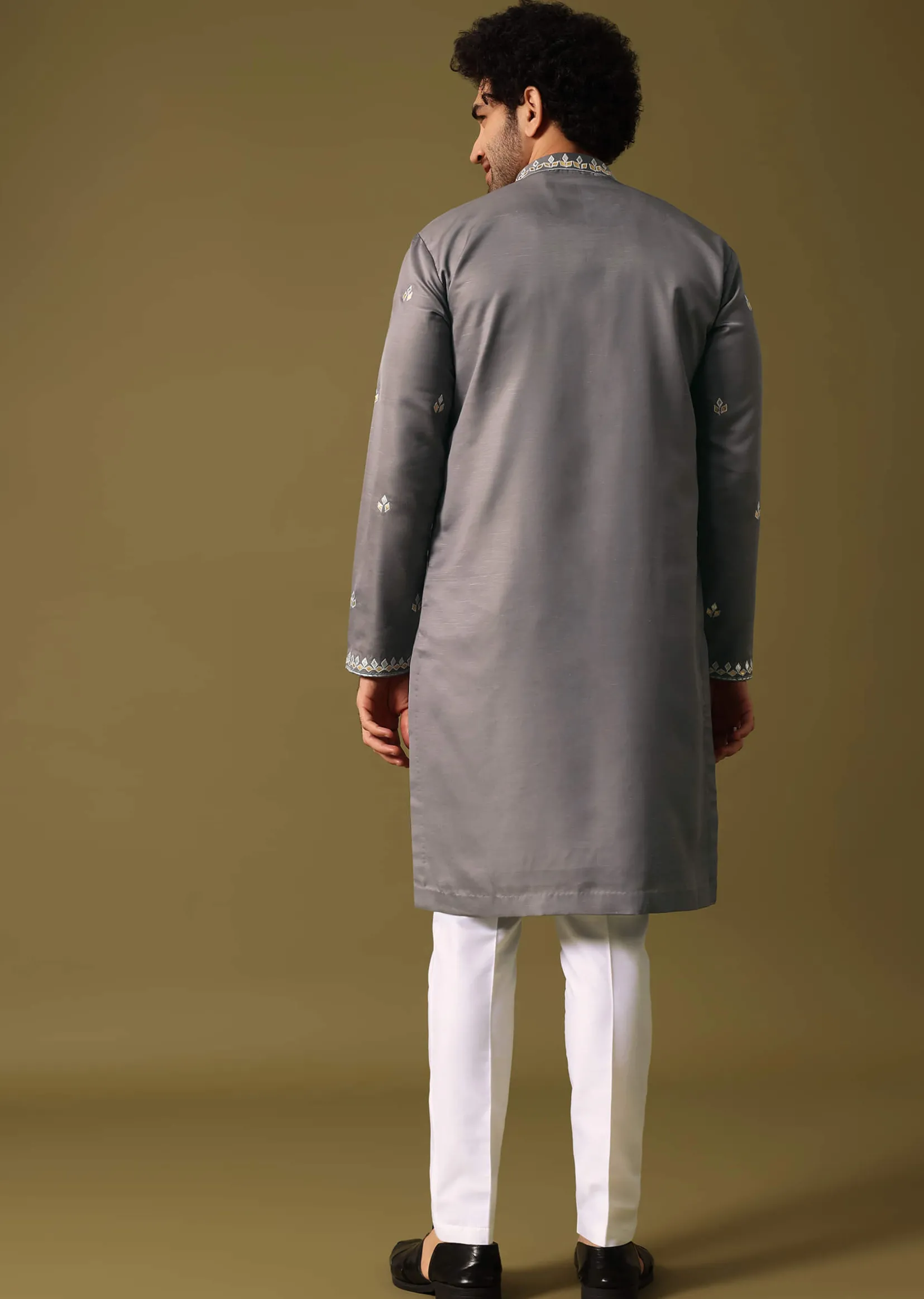 Grey Kurta Pant Set With Abla Work For Men