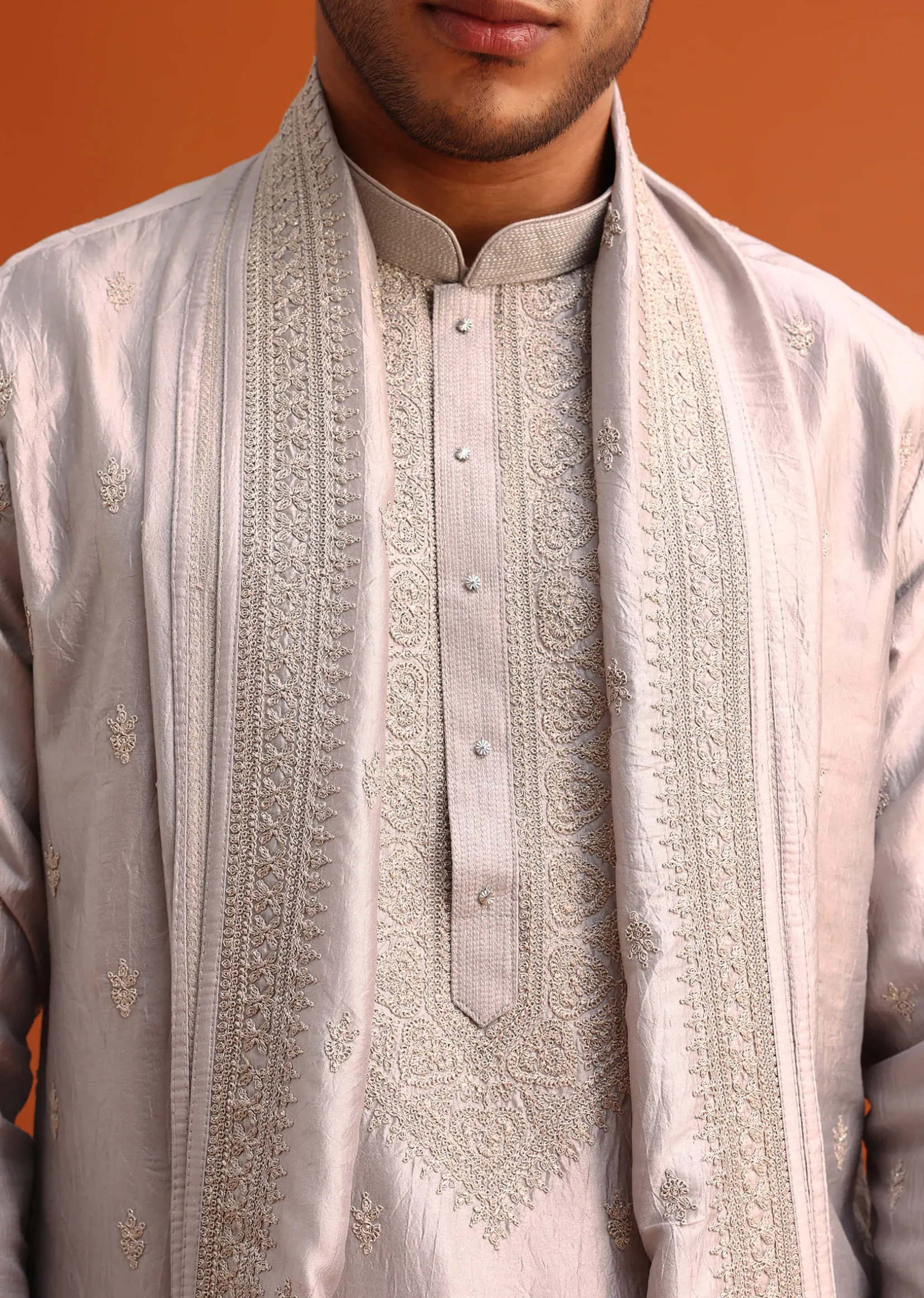 Grey Kurta Set In Raw Silk With Thread Work Dupatta