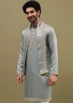 Grey Kurta Set In Resham Work With Dupatta For Men