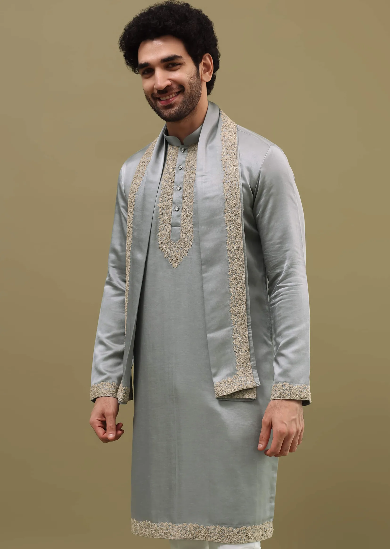 Grey Kurta Set In Resham Work With Dupatta For Men