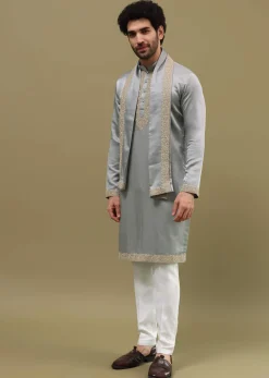 Grey Kurta Set In Resham Work With Dupatta For Men