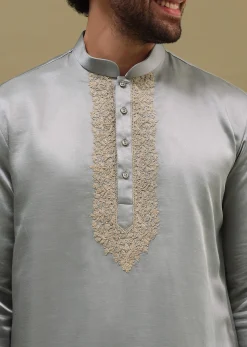 Grey Kurta Set In Resham Work With Dupatta For Men