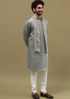 Grey Kurta Set In Resham Work With Dupatta For Men