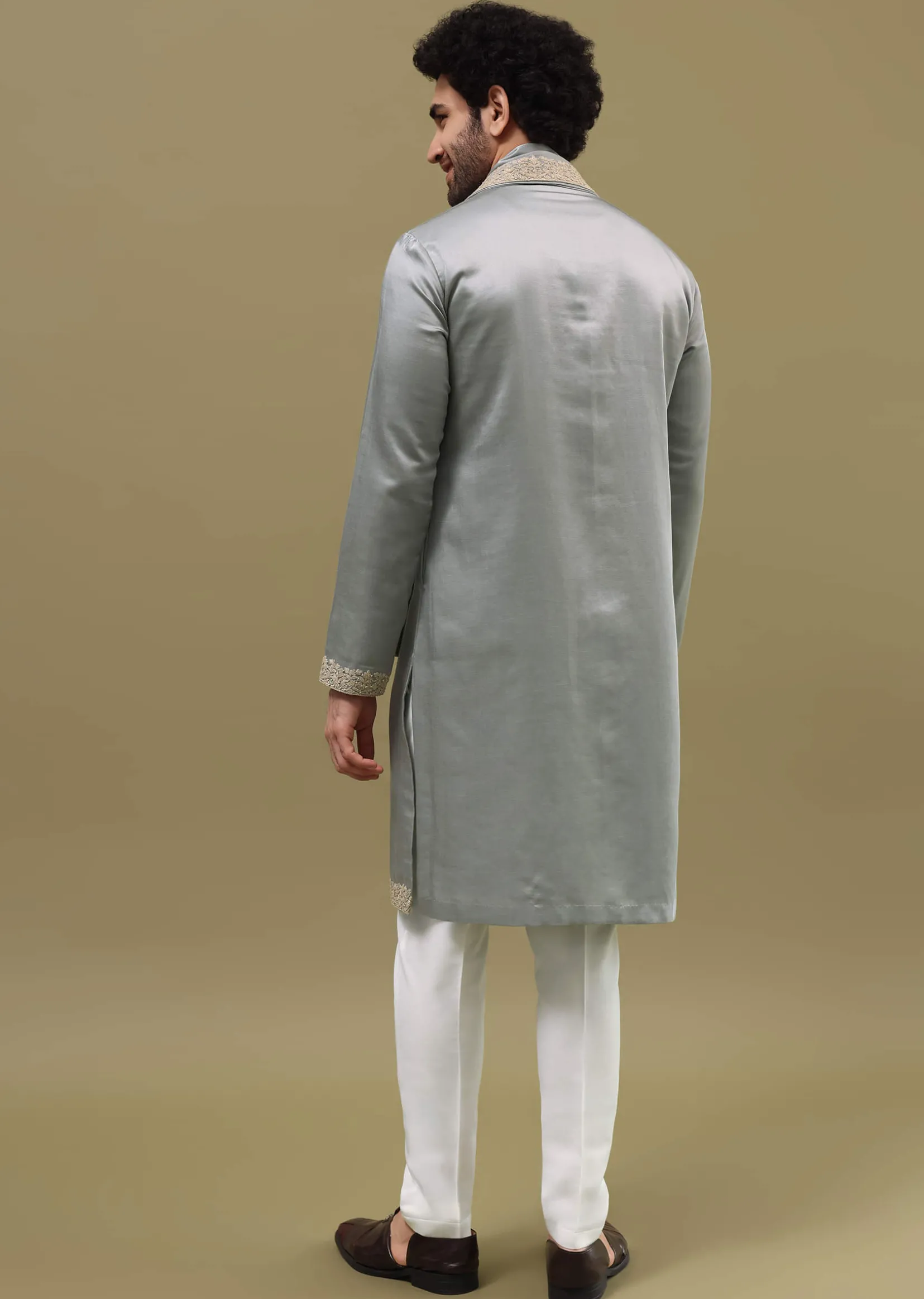 Grey Kurta Set In Resham Work With Dupatta For Men