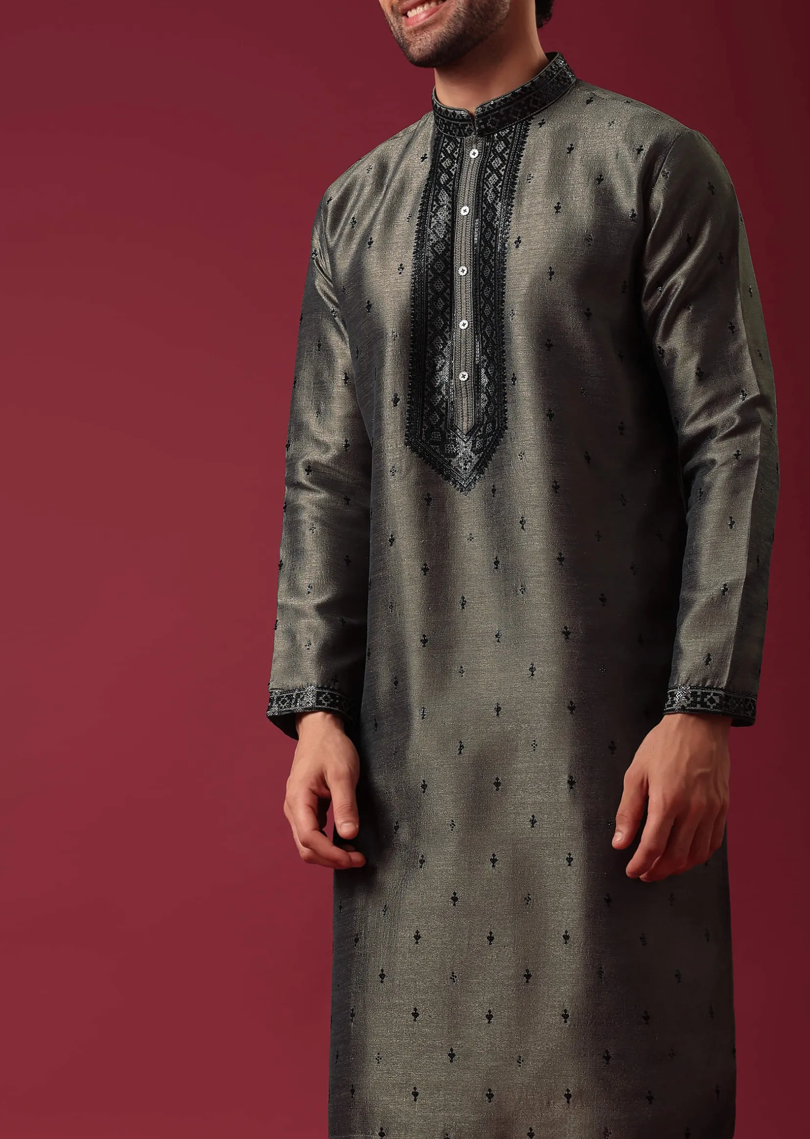 Grey Kurta Set In Silk