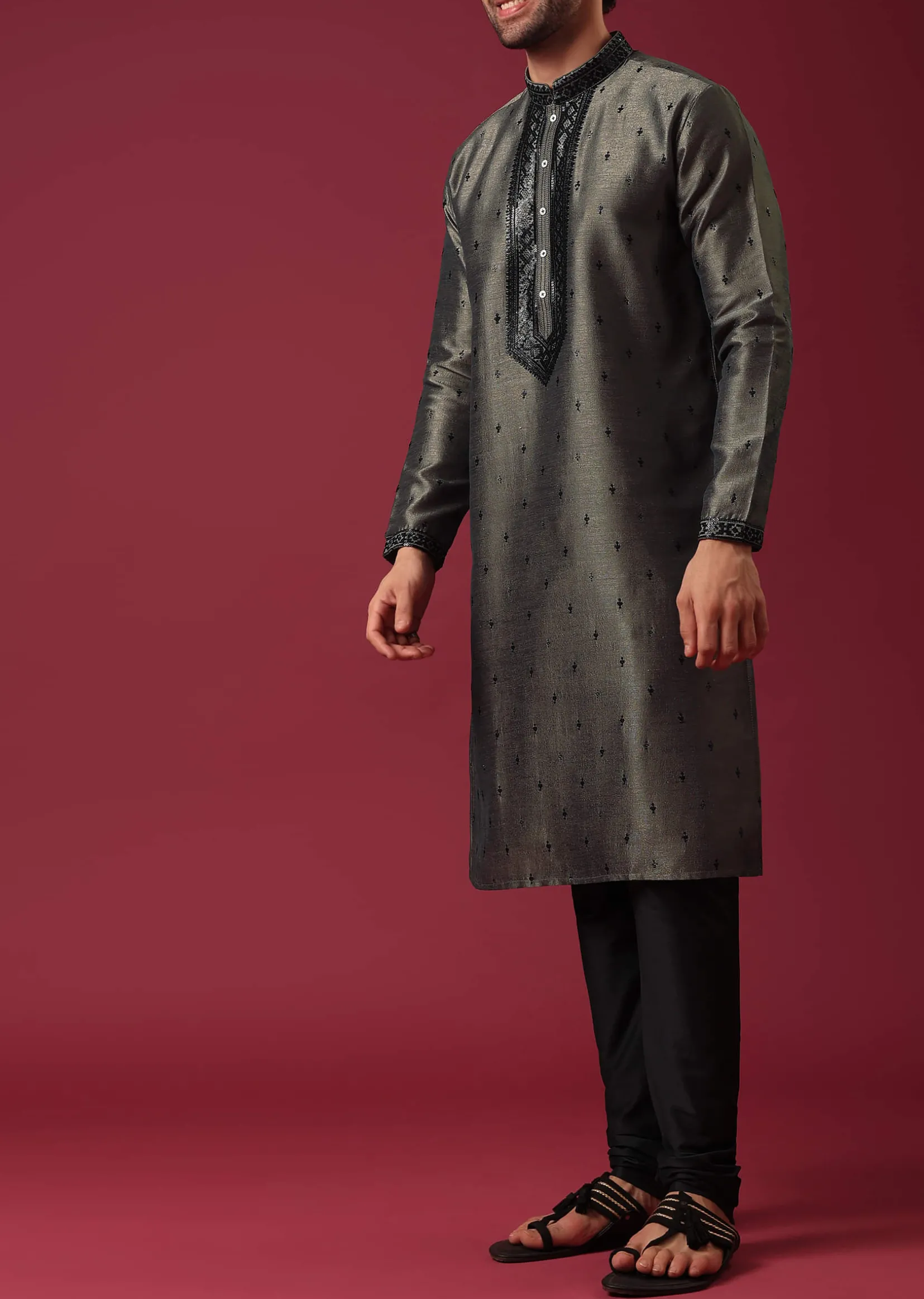 Grey Kurta Set In Silk