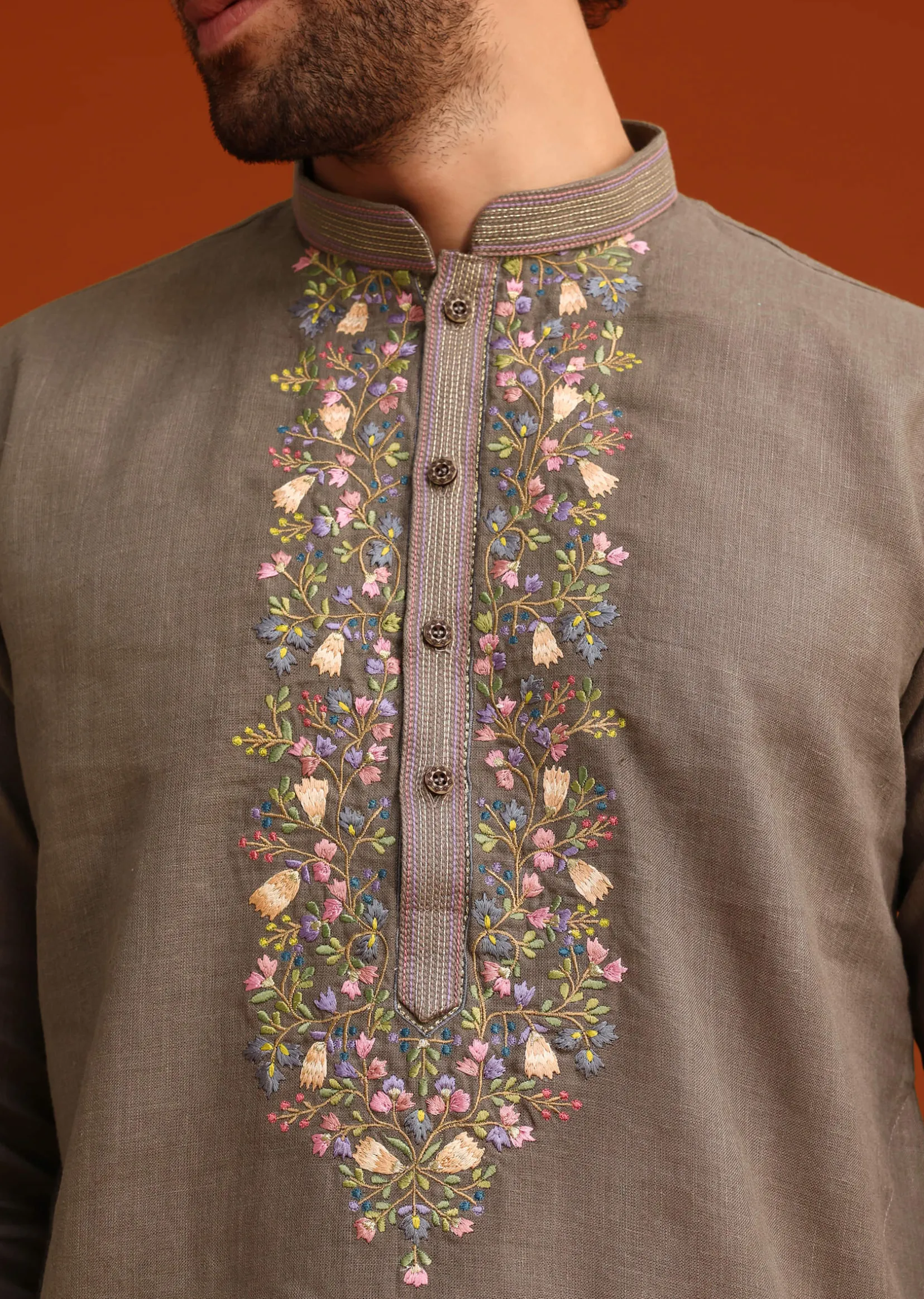 Grey Linen Floral Resham Hand Embroidered Kurta Set