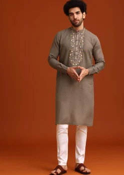 Grey Linen Floral Resham Hand Embroidered Kurta Set