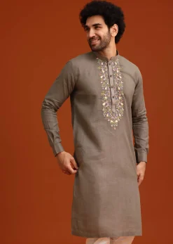 Grey Linen Floral Resham Hand Embroidered Kurta Set