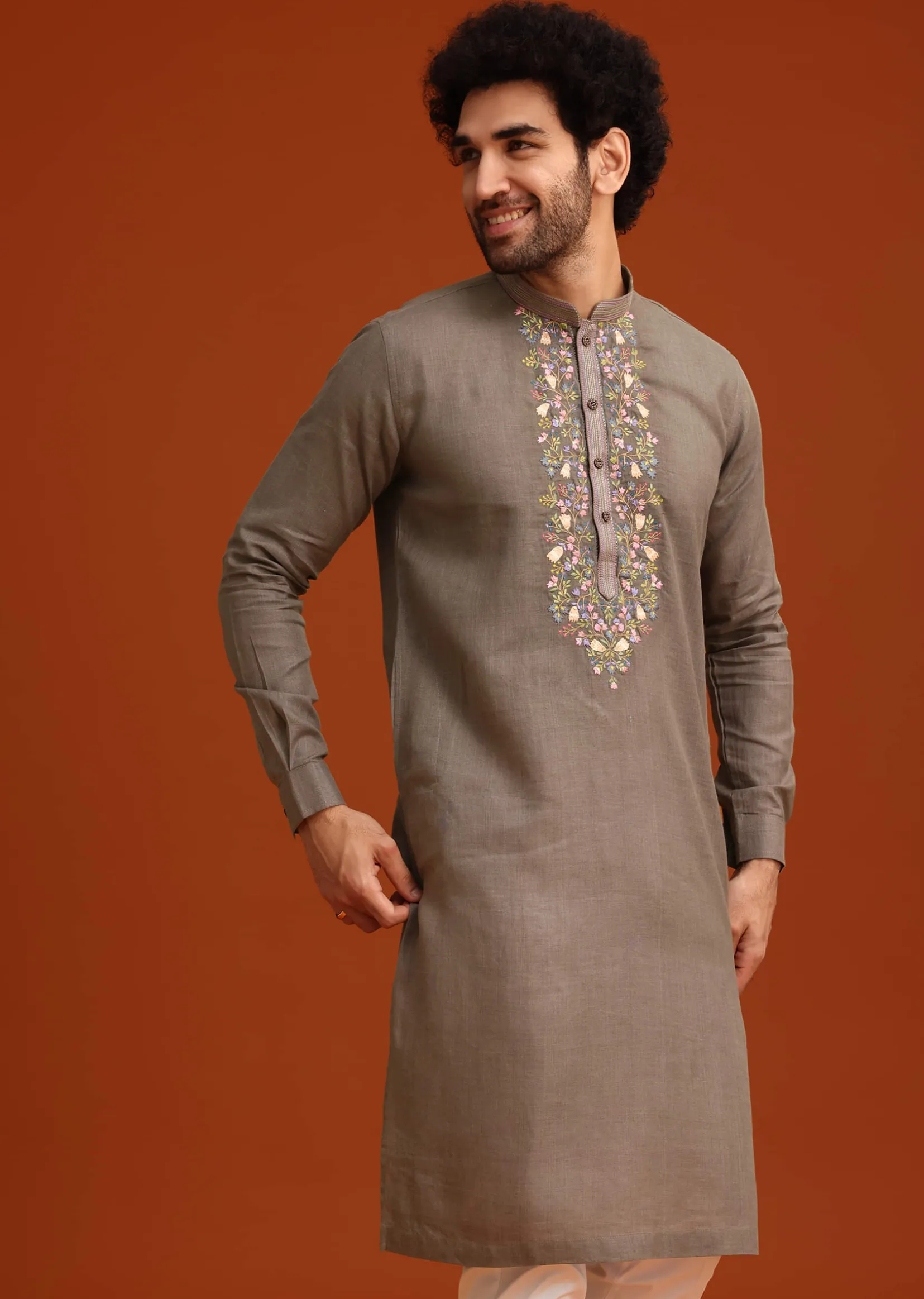 Grey Linen Floral Resham Hand Embroidered Kurta Set
