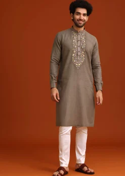 Grey Linen Floral Resham Hand Embroidered Kurta Set
