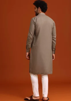 Grey Linen Floral Resham Hand Embroidered Kurta Set